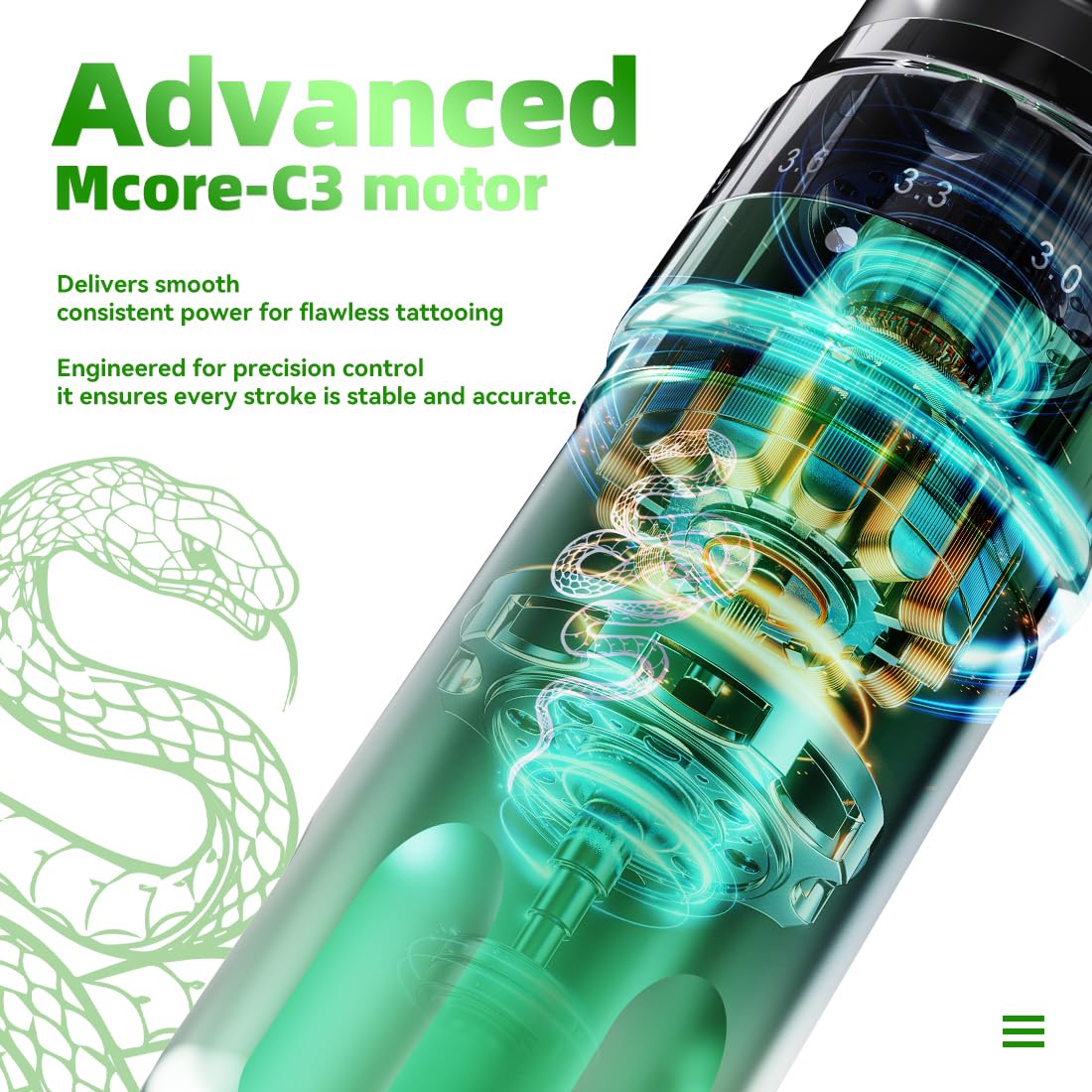 MAST TATTOO Fold Pro Year of Snake Mcore-C3 motor close-up highlighting smooth performance.