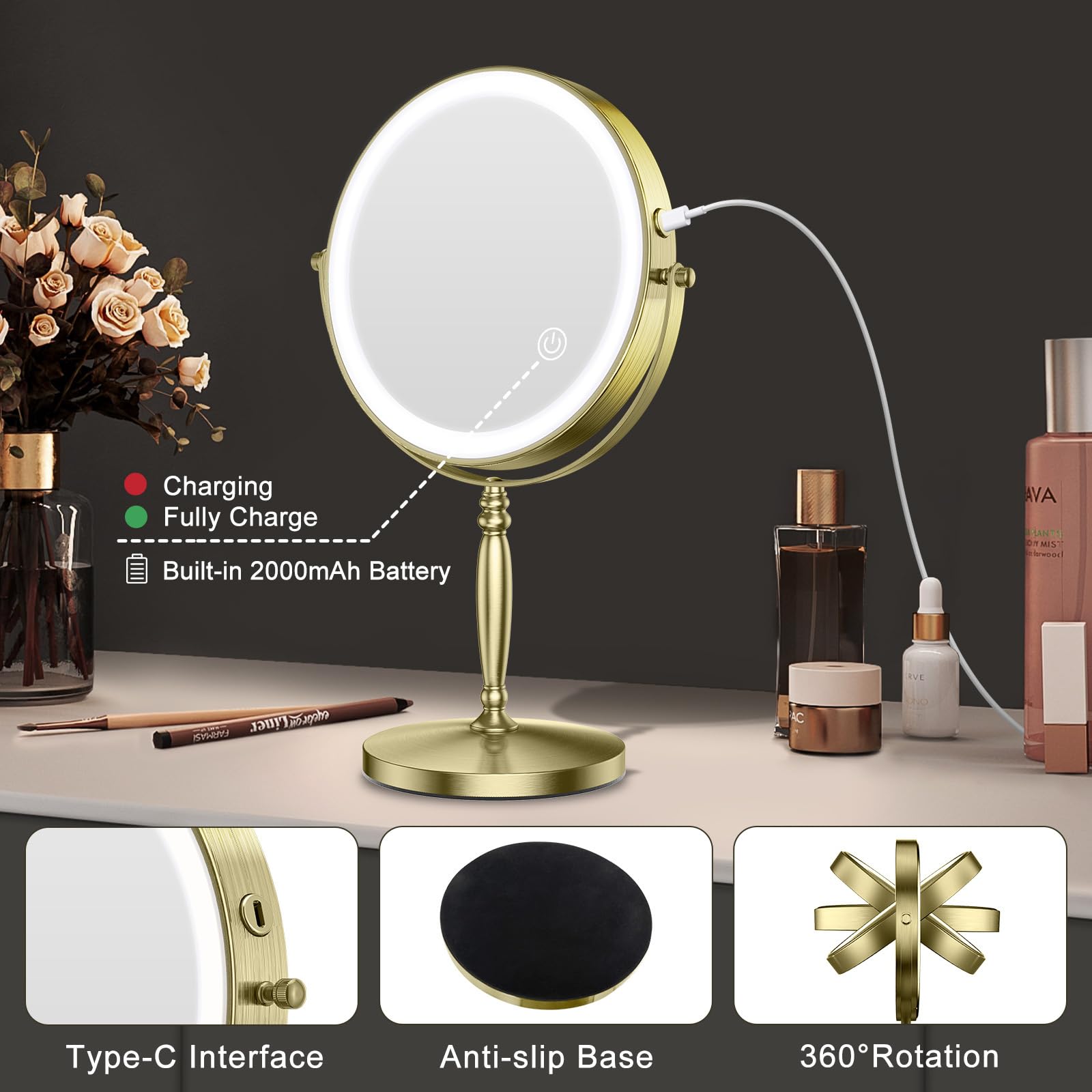 Matekxy portable table mirror with non slip base for desk or vanity