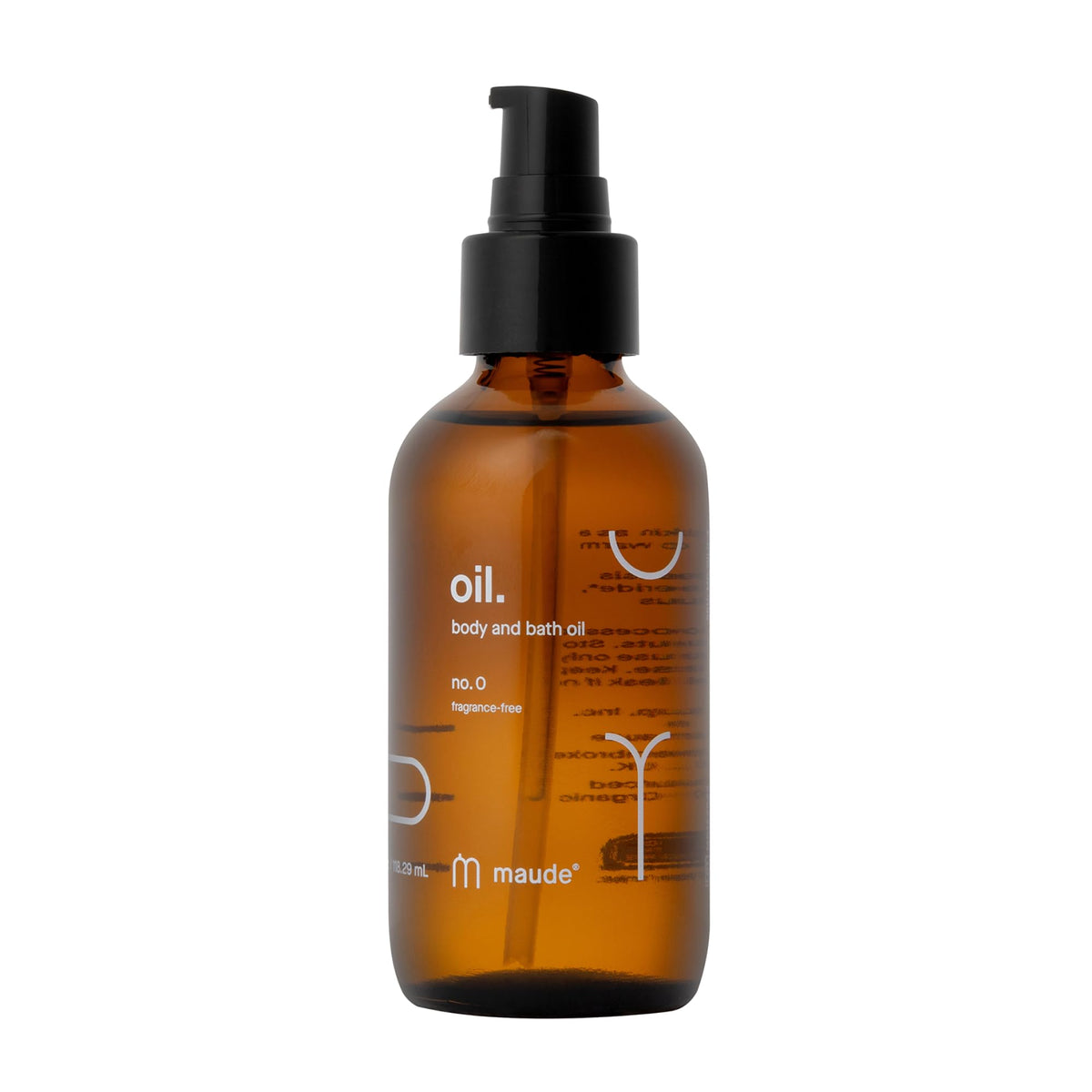 Maude Oil No. 0 bottle closeup showing organic moisturizer for soft skin.