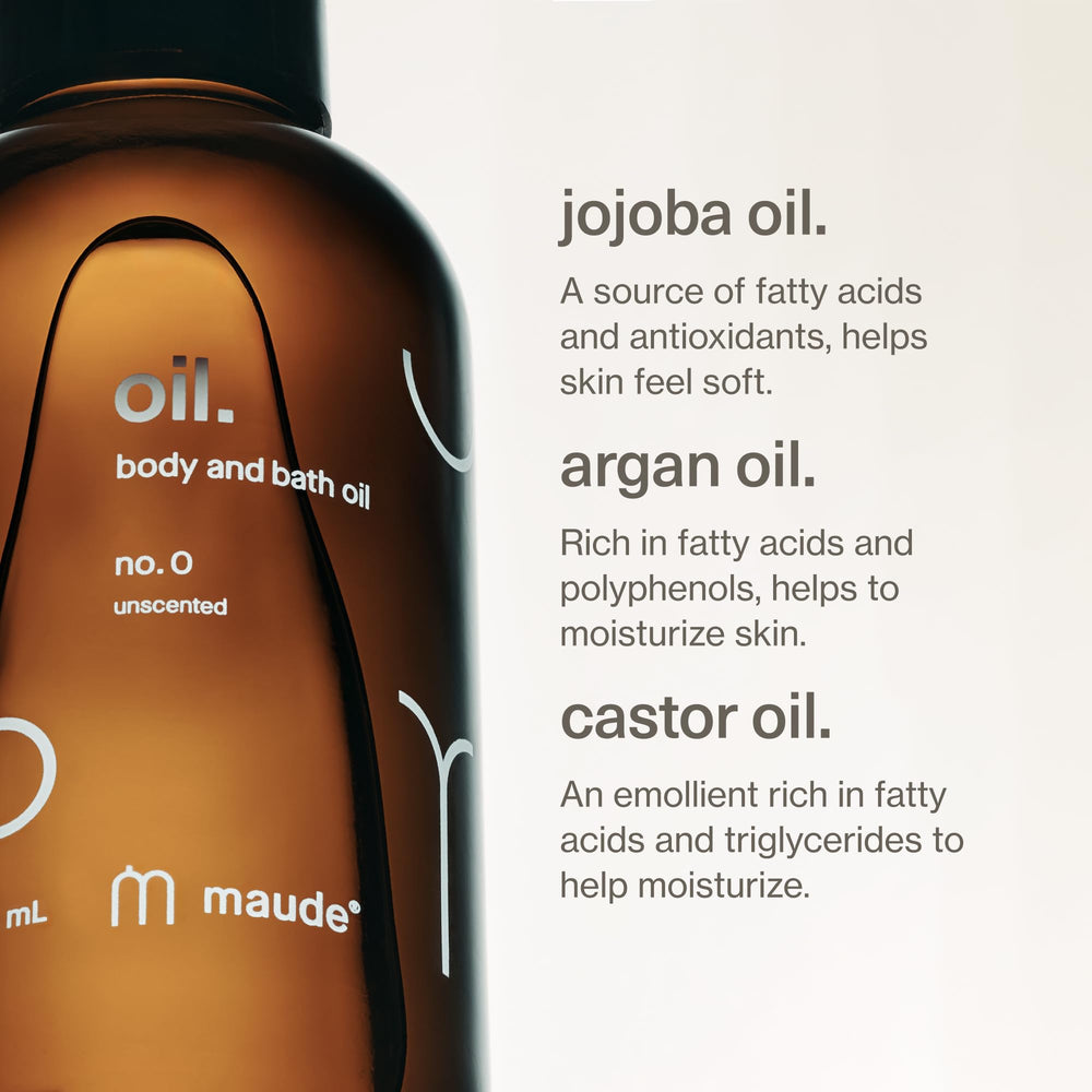 Maude Oil No. 0 ingredients closeup highlights coconut, argan, and jojoba for nourishment.
