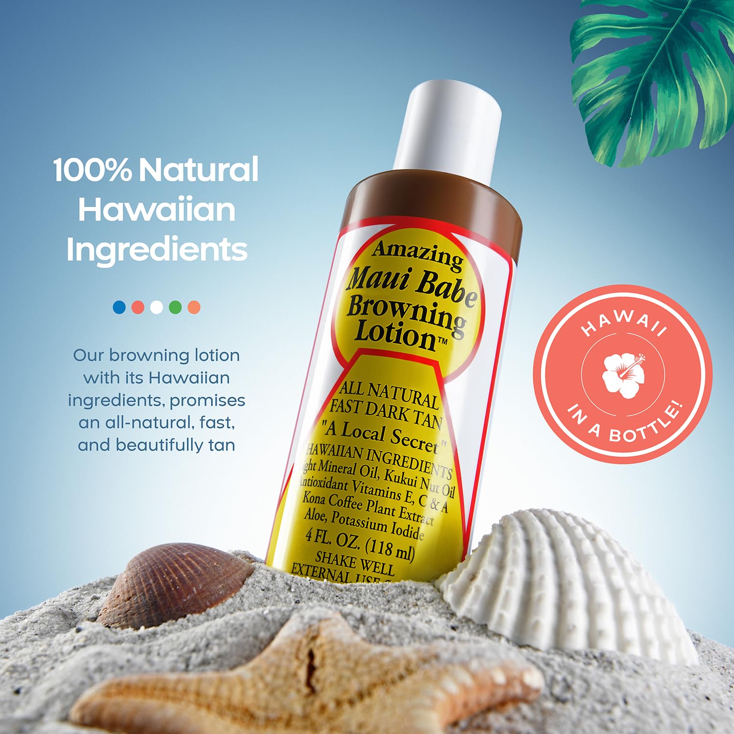 Maui Babe Browning Lotion label highlights natural ingredients and USA-made quality
