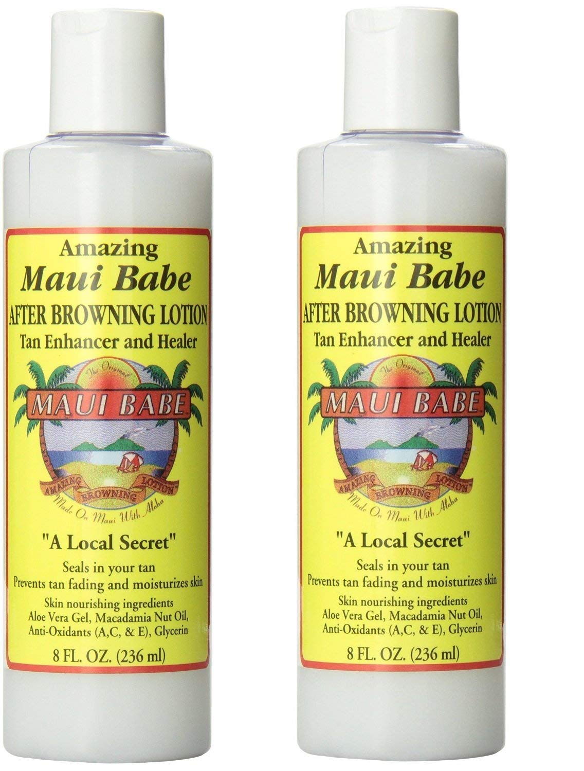 Maui Babe After Browning 8oz bottle in a 2-pack with aloe and macadamia oil for skin hydration