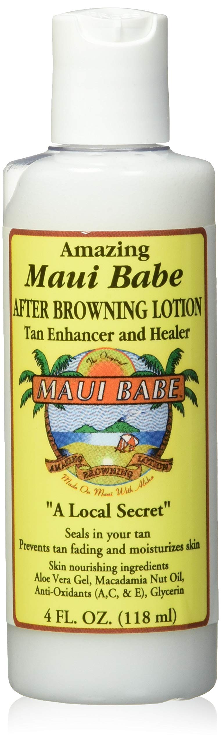 Maui Babe after-browning-lotion-bottle extends tan and moisturizes skin.
