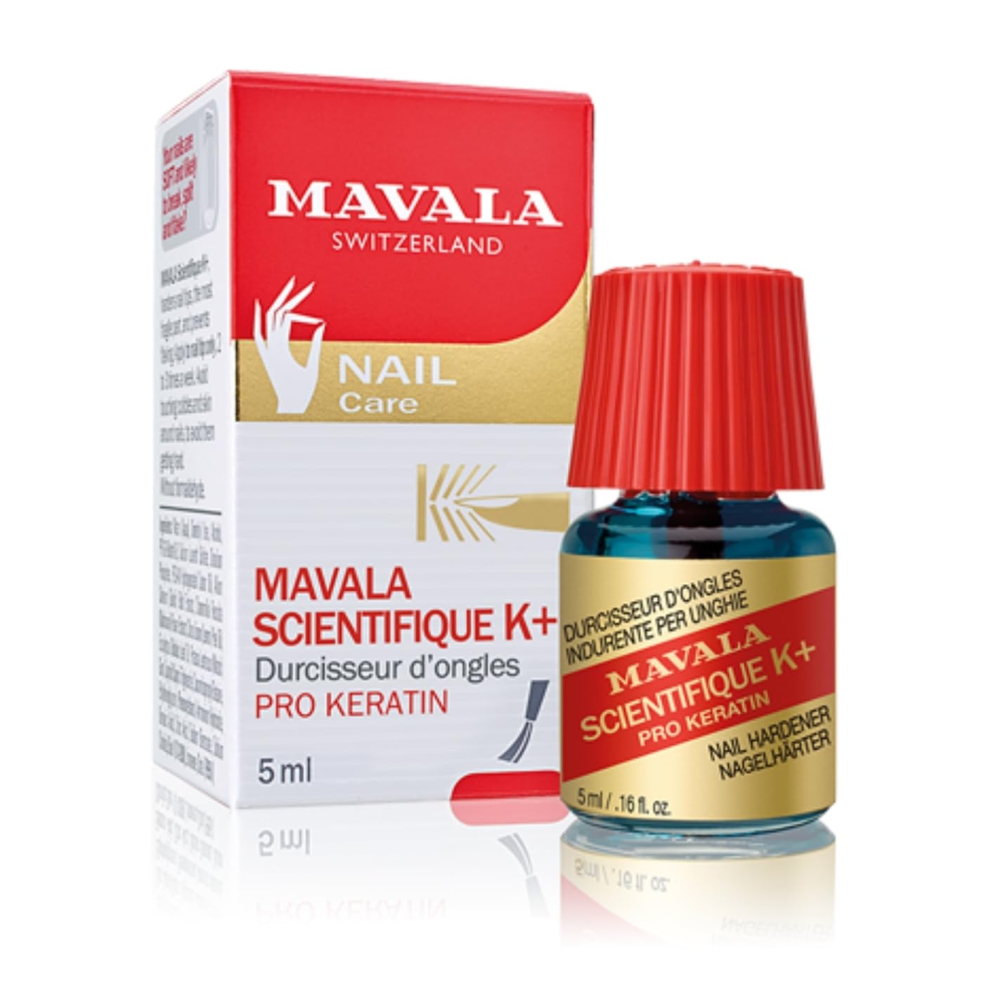 MAVALA Scientifique K+ bottle focus showing quick-drying nail hardener benefit
