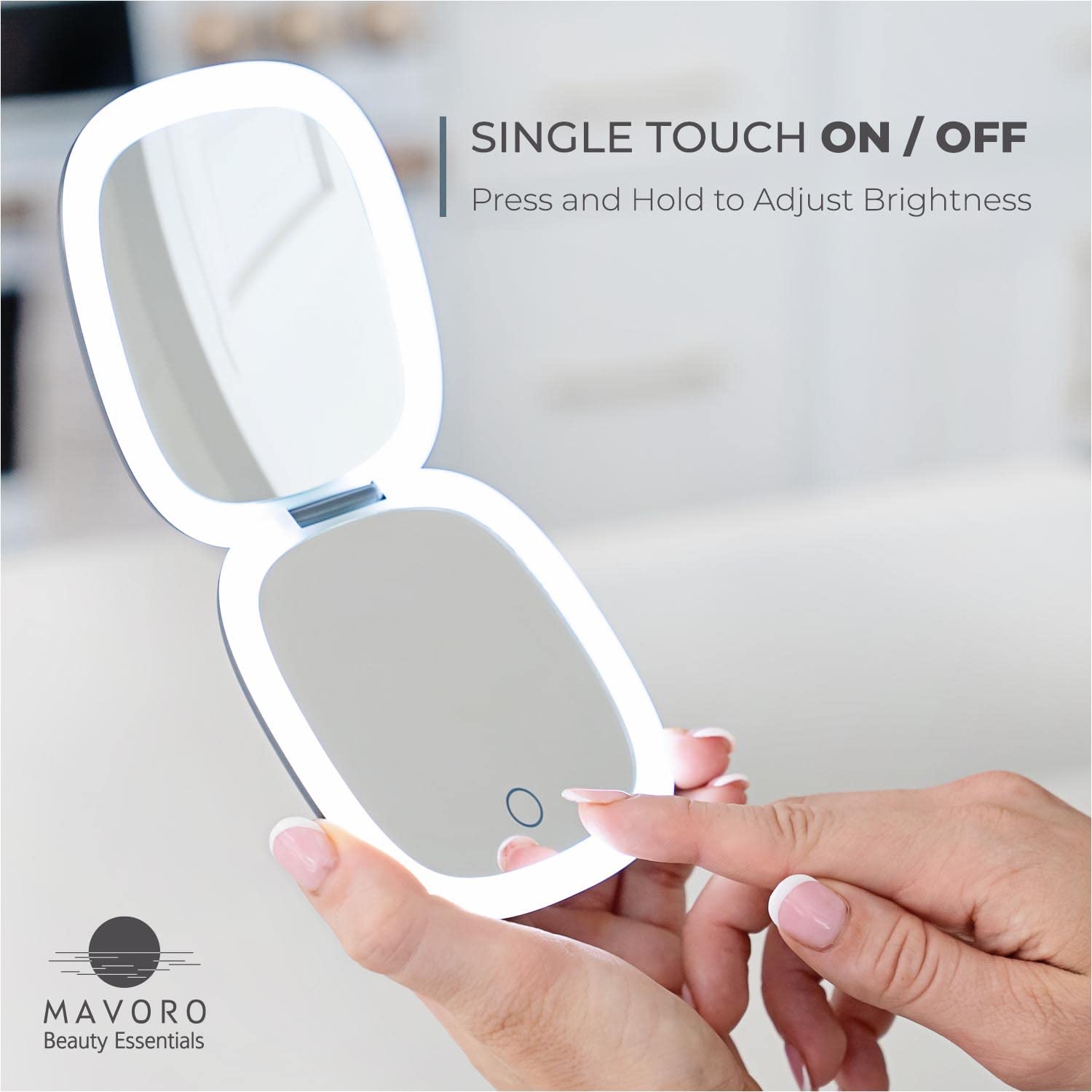 Mavoro LED travel mirror shows 10x magnification for precise grooming.