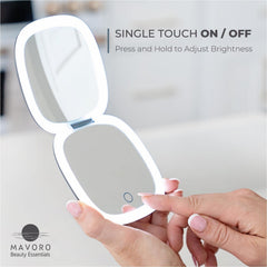 Mavoro LED travel mirror shows 10x magnification for precise grooming.