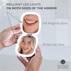 Mavoro mirror with dimmable light supports makeup in varied lighting.