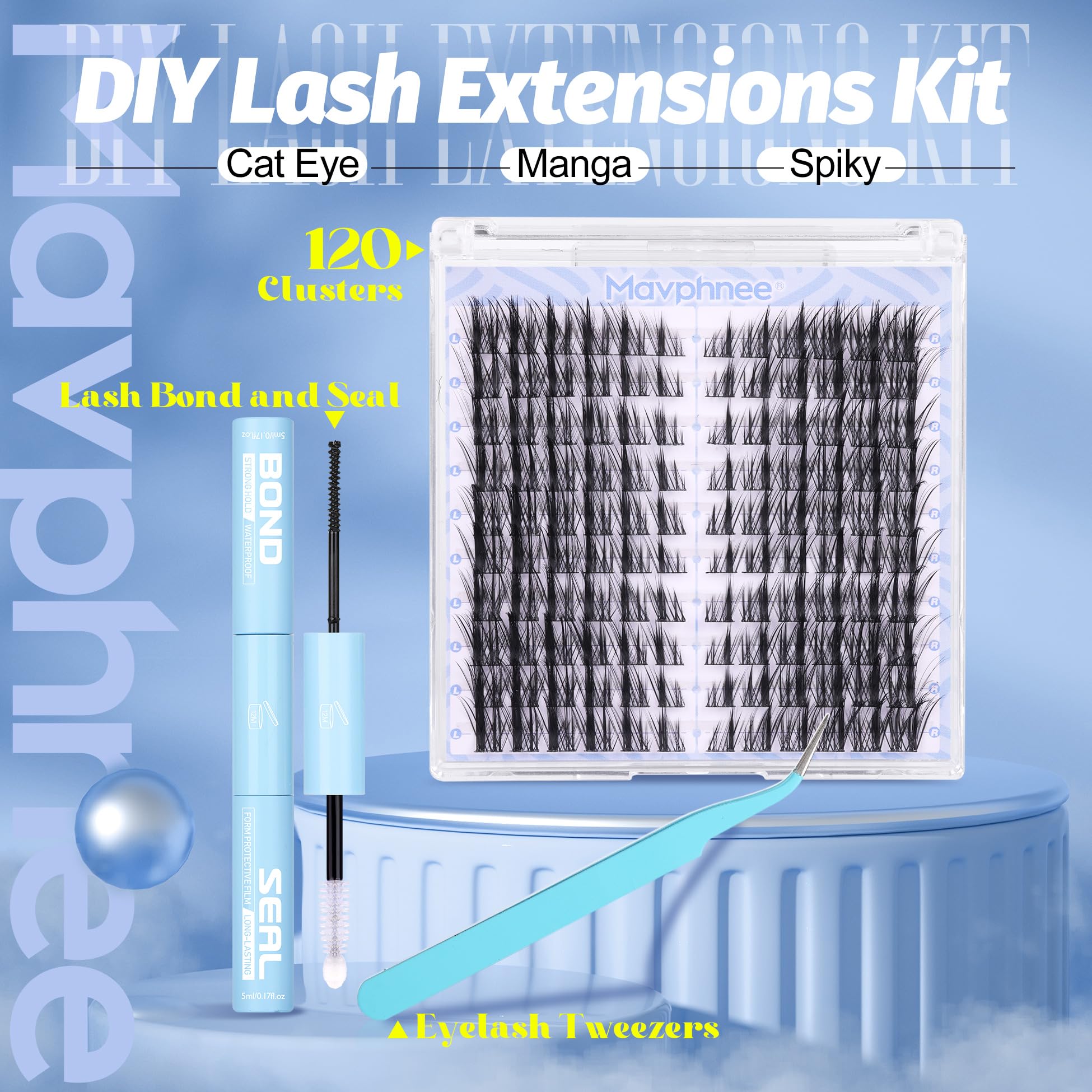 Mavphnee cat-eye clusters kit closeup highlights pre-mapped lashes for symmetrical results.