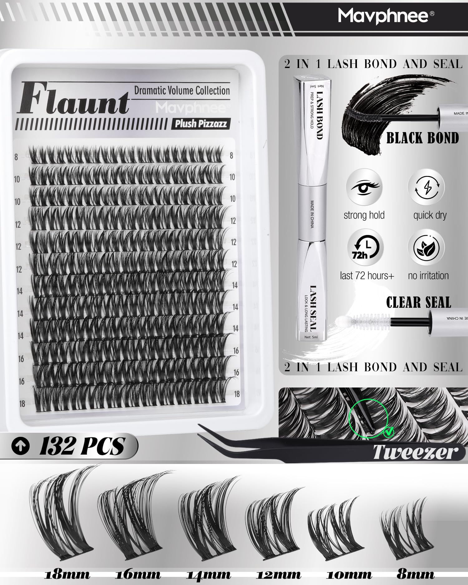 Mavphnee 8-18mm length range close-up for versatile lash designs