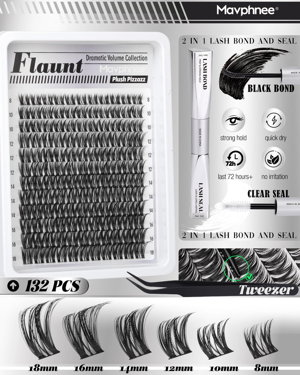 Mavphnee 8-18mm length range close-up for versatile lash designs
