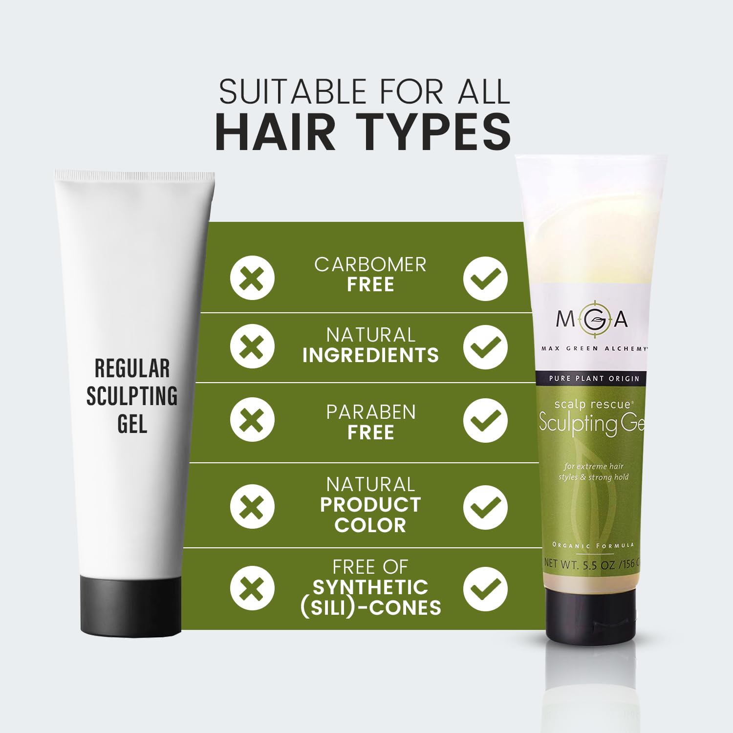 Max Green Alchemy MGA Vegan Sculpting Hair Gel Ingredients label emphasizes vegan, gluten-free formula