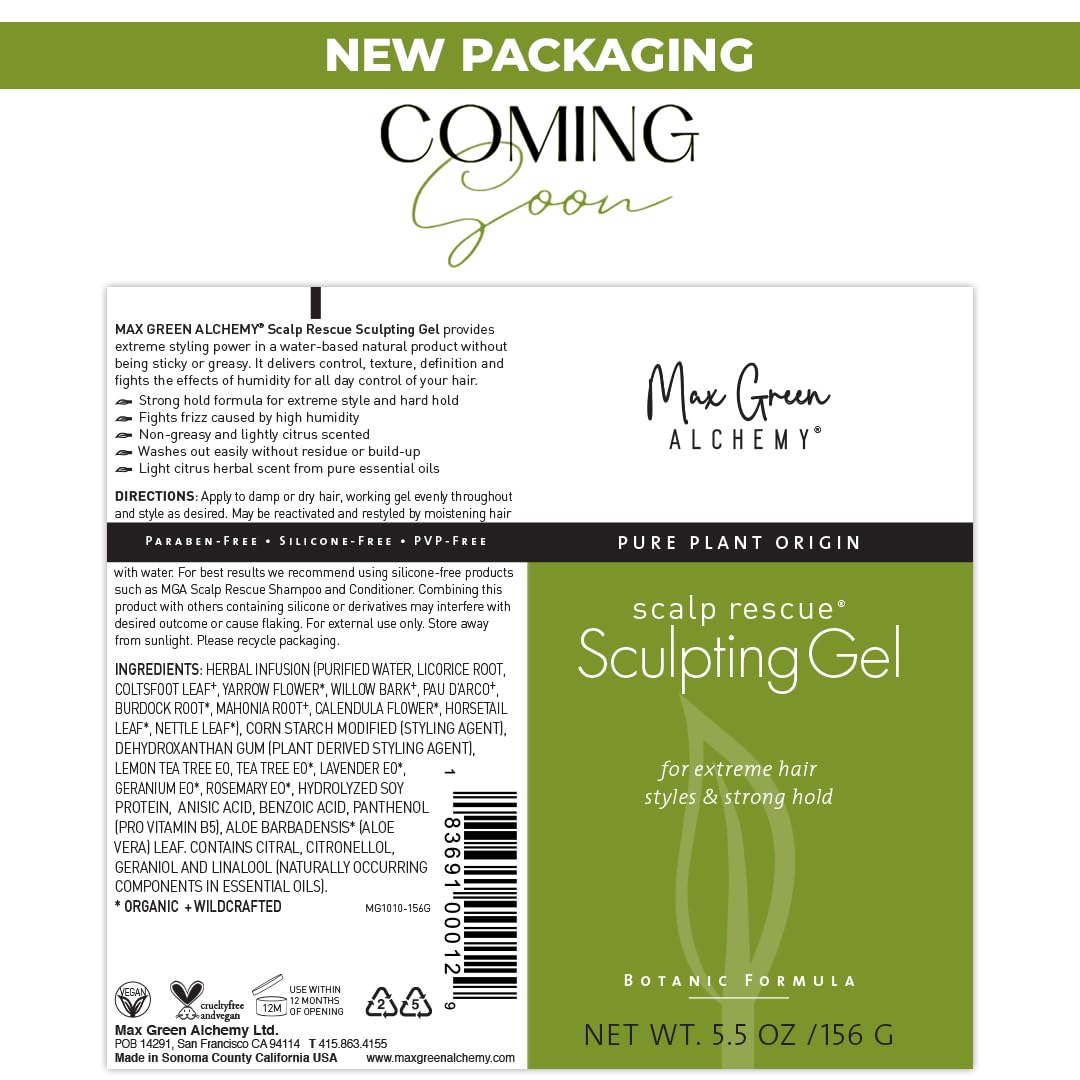 Max Green Alchemy MGA Vegan Sculpting Hair Gel Tube side displays sleek, nourishing formula