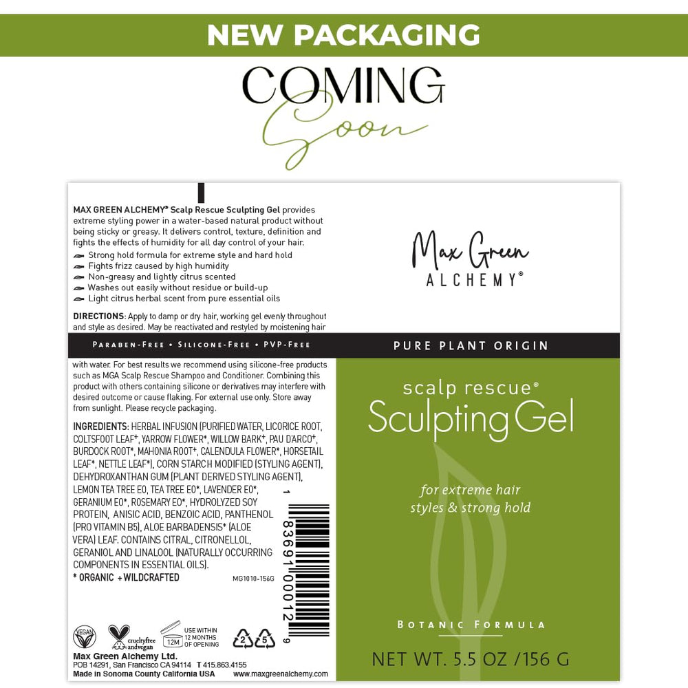 Max Green Alchemy MGA Vegan Sculpting Hair Gel Tube side displays sleek, nourishing formula