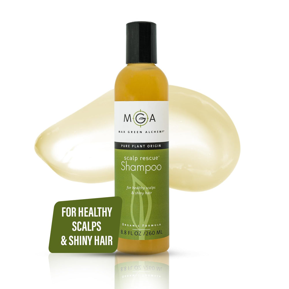 Max Green Alchemy MGA Vegan Hair Shampoo bottle on bathroom counter for gentle all-hair cleansing.