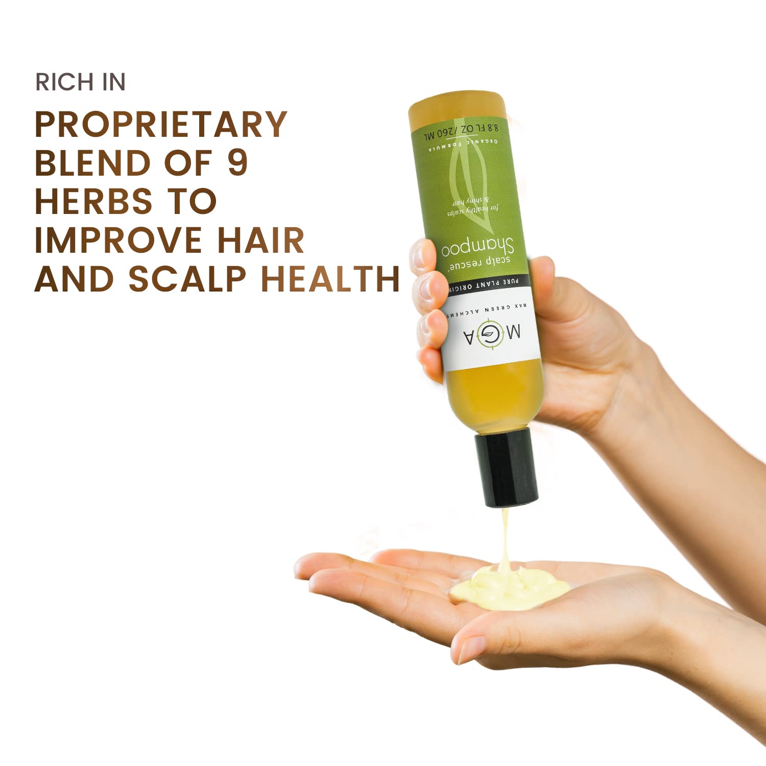 Max Green Alchemy MGA Vegan Hair Shampoo light-reflection shot supporting a hydration-friendly routine.