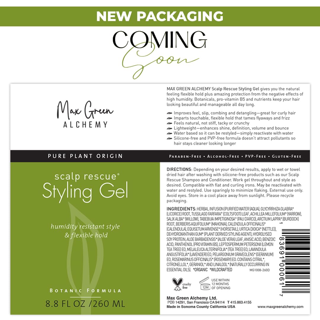 Max Green Alchemy Scalp Rescue frizz-control close-up showing humidity resistance.