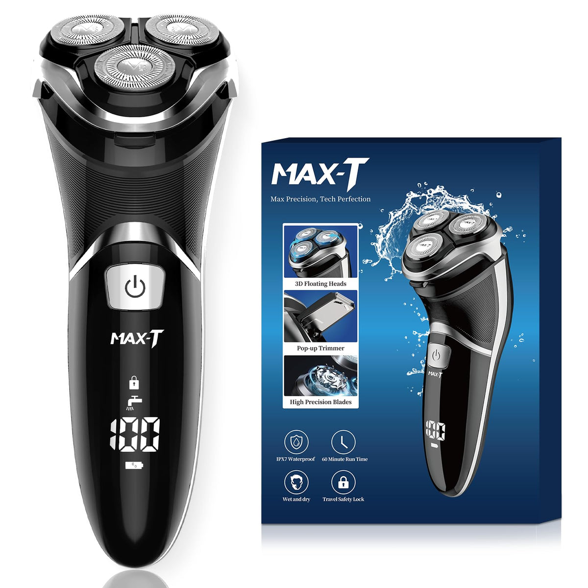 MAX-T men's electric shaver shows the 3D floating head for precise contouring.