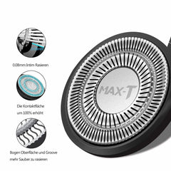 MAX-T replacement head closeup blades reveals hypoallergenic stainless steel blades for sensitive skin comfort.
