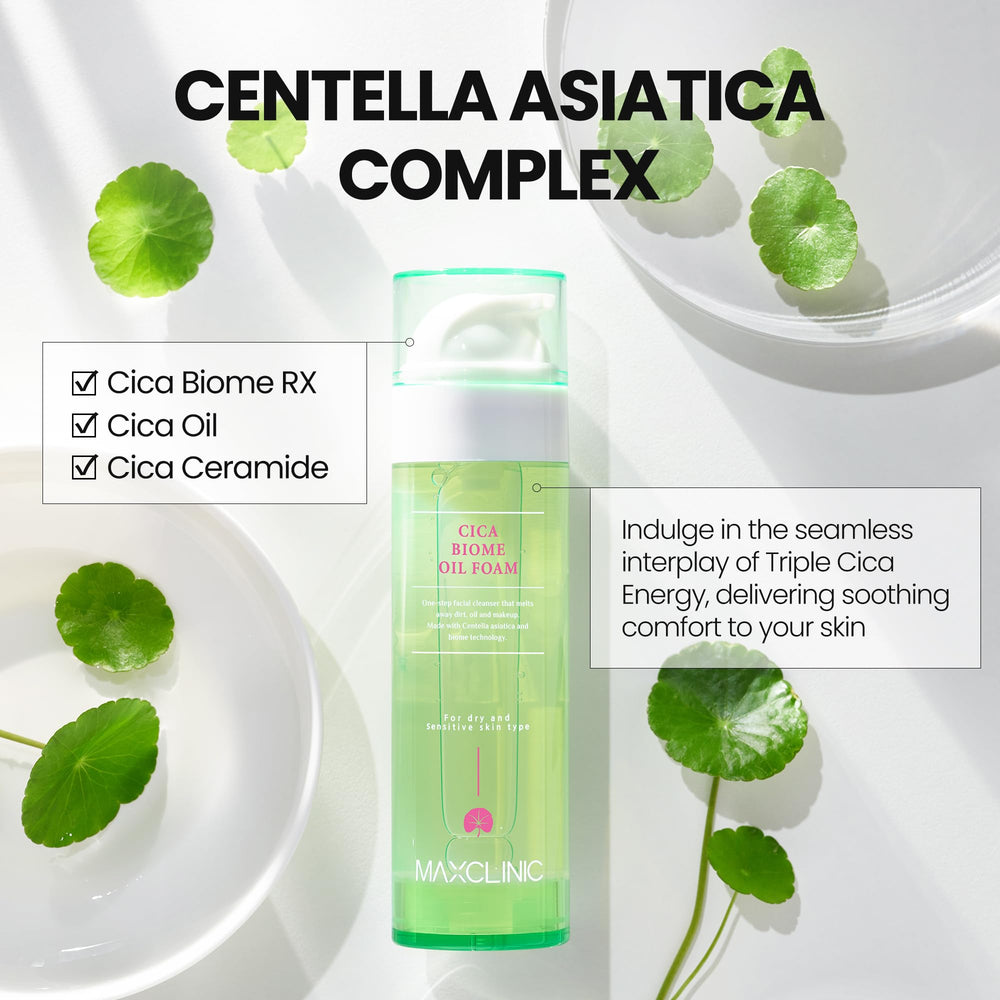 MAXCLINIC Cica Biome Oil to Foam removes makeup and impurities.
