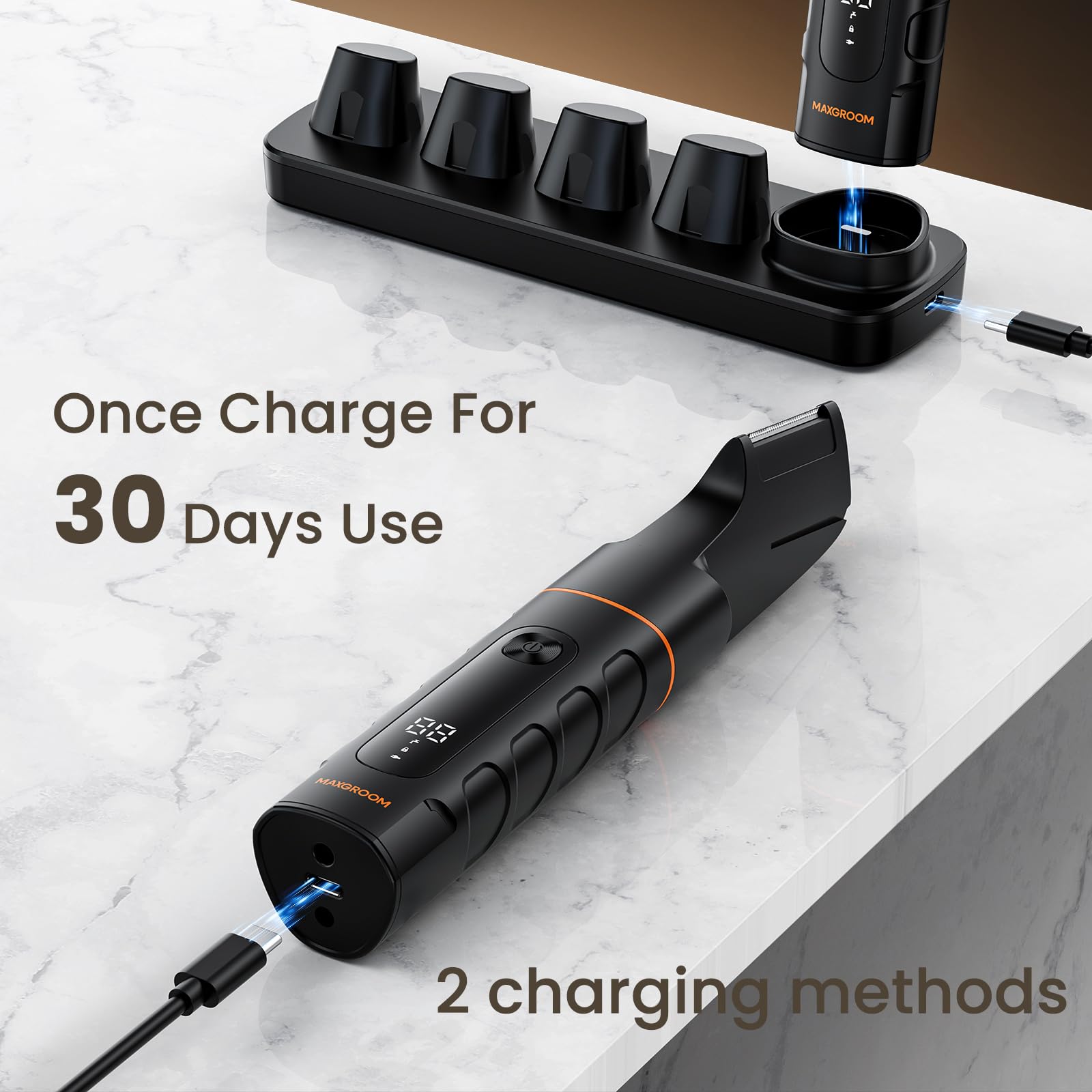MAXGROOM USB-C charging dock provides long cordless sessions and organized storage