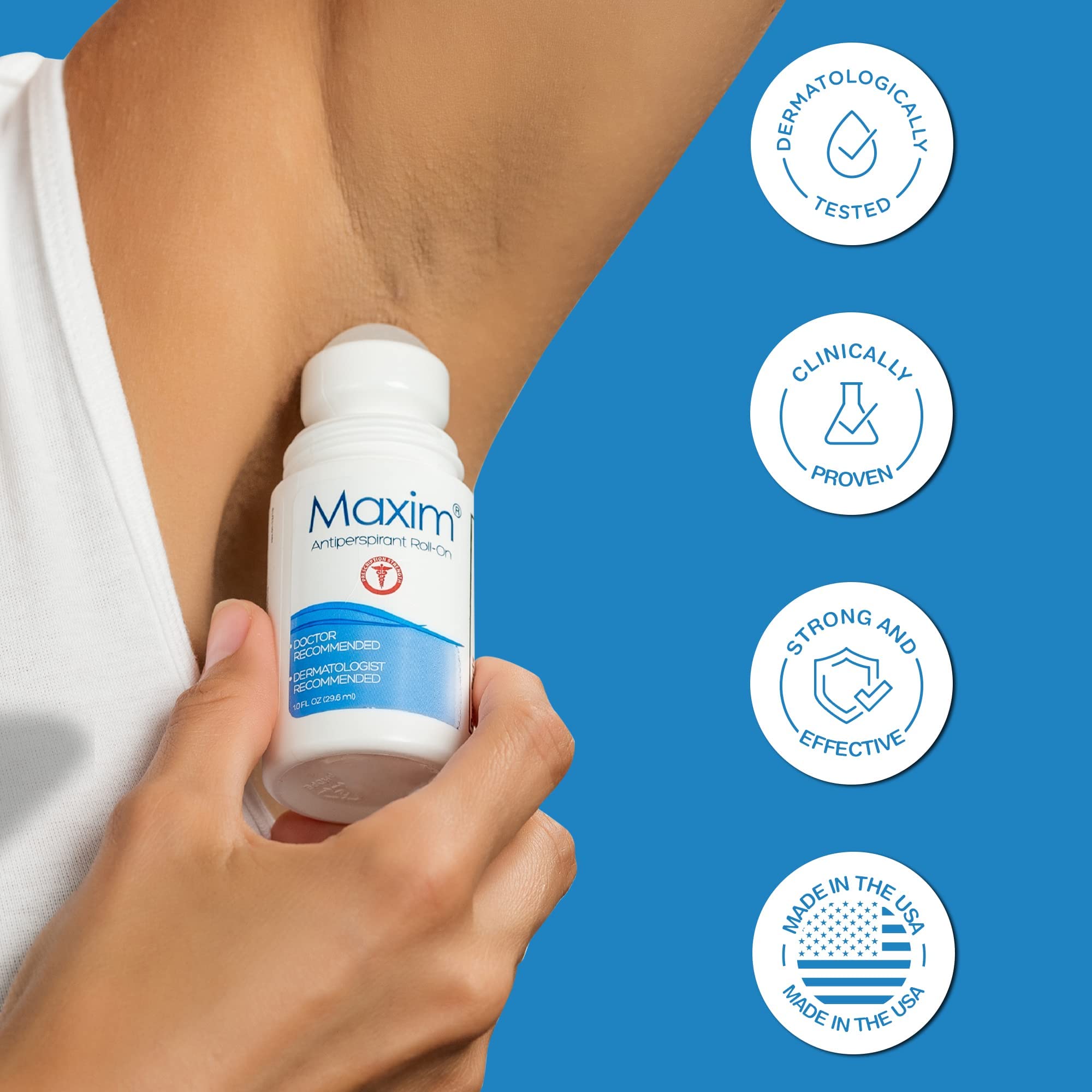 MAXIM fragrance-free packaging signals safe, skin-friendly antiperspirant.