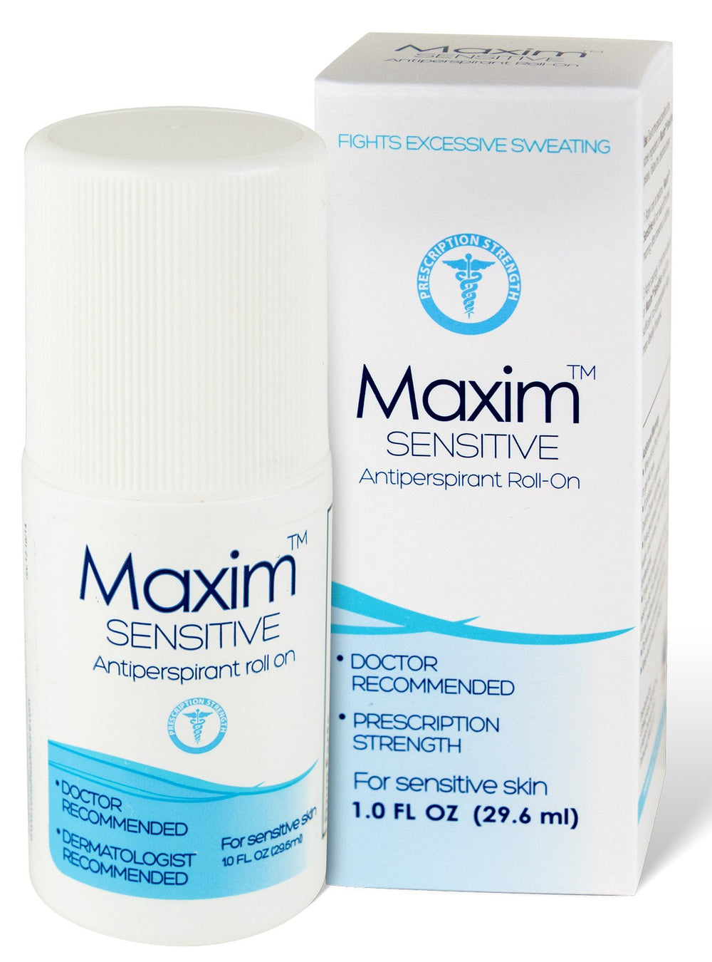 MAXIM Sensitive clinical strength roll-on bottle demonstrates unscented sweat and odor protection.