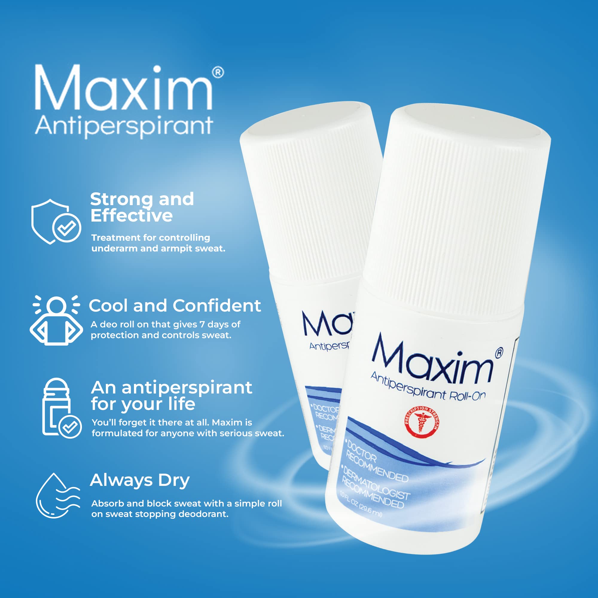 MAXIM sweat-block deodorant bottle shown, offering long-lasting protection against underarm moisture.