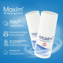 MAXIM sweat-block deodorant bottle shown, offering long-lasting protection against underarm moisture.