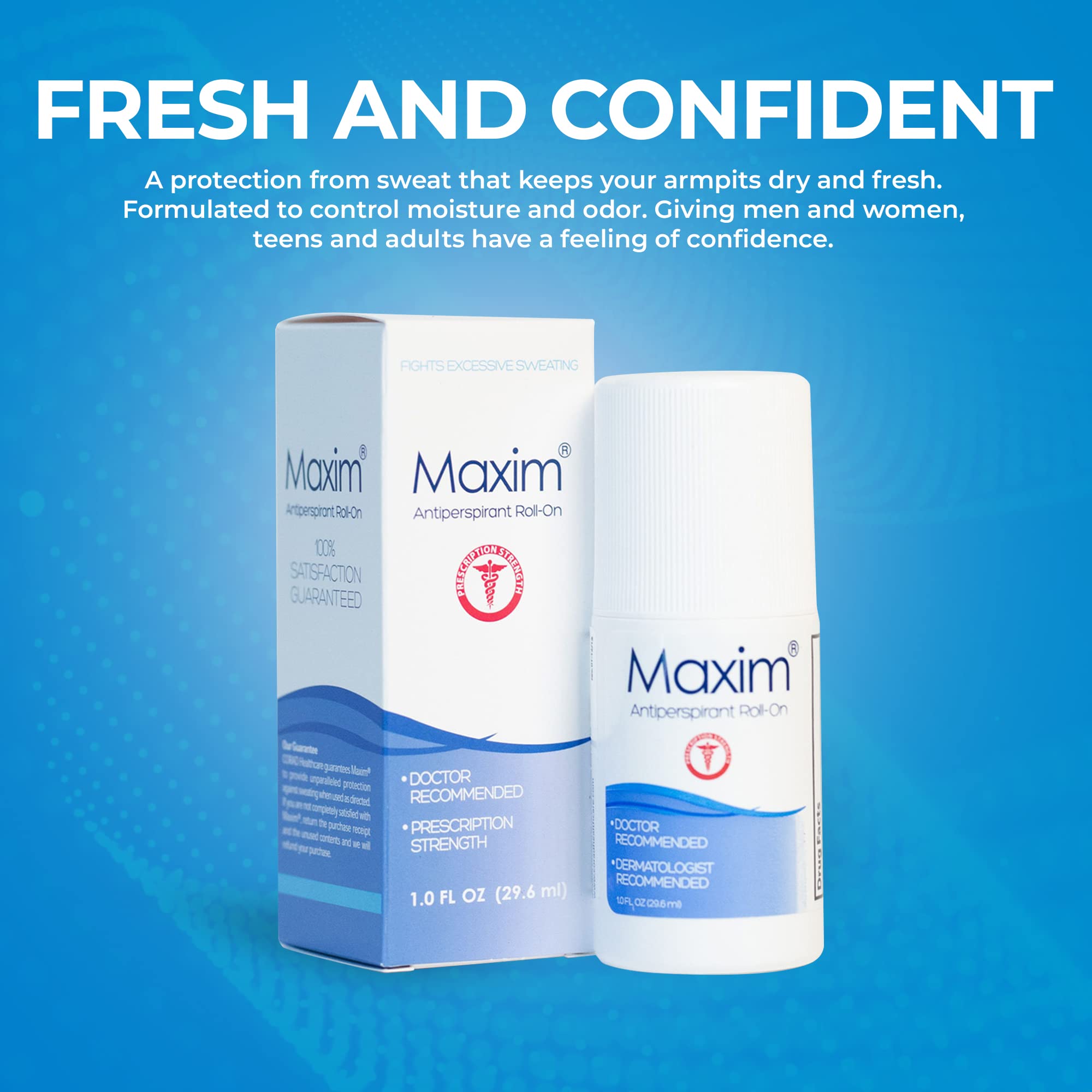 MAXIM unscented antiperspirant closeup emphasizes fragrance-free, skin-friendly formula.