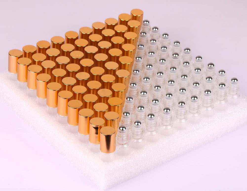 MaxMau 5ml collection showcases pack of 100 with refillable rollers.