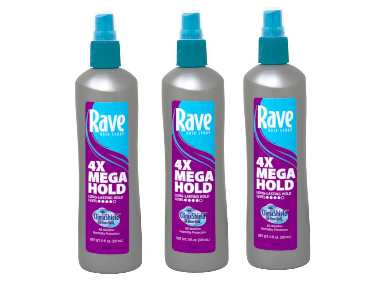 Maxtrv Rave 4X Mega Hairspray unscented 11oz pack bottles offer all-day hold.