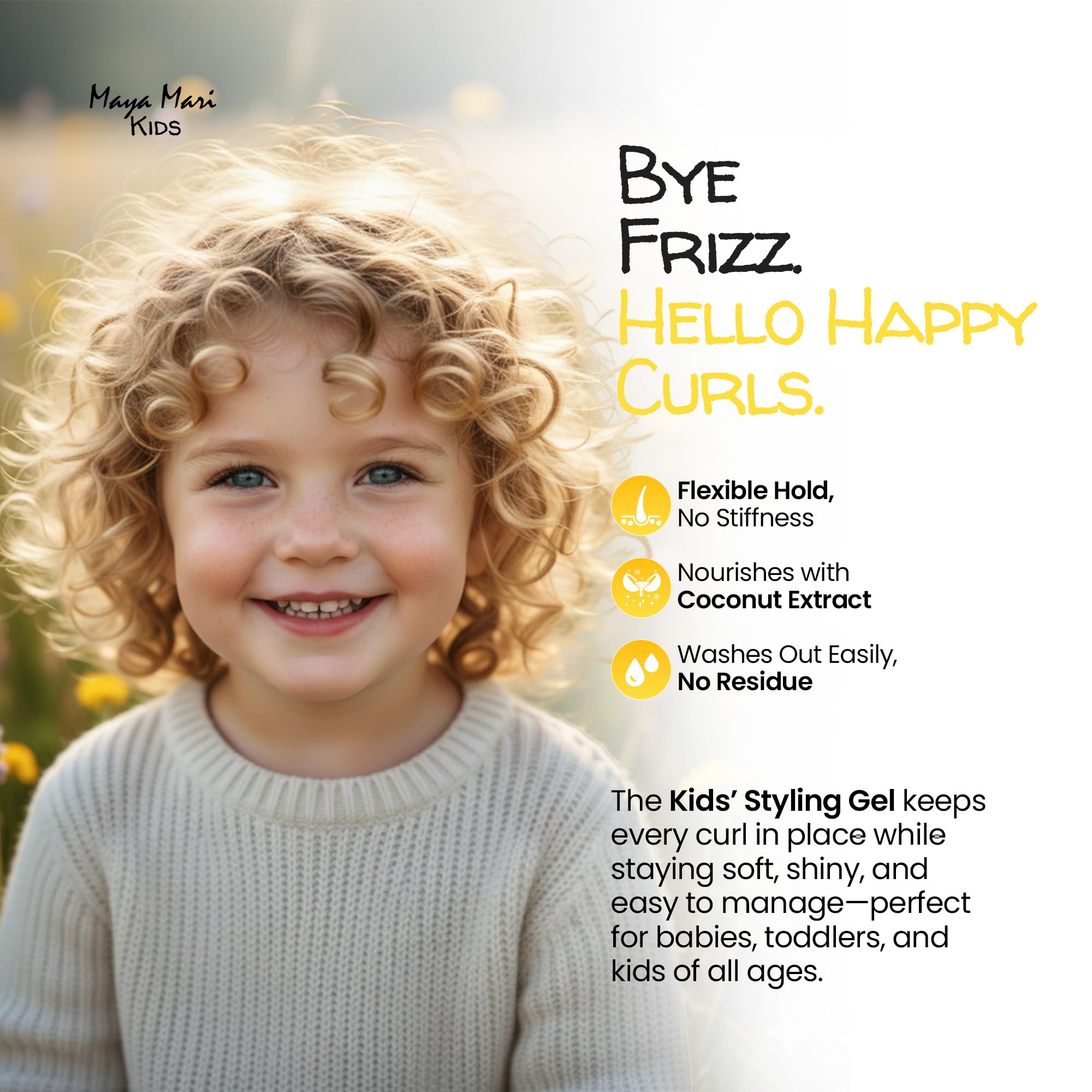 MAYA MARI Kids Hair Gel in use on a kid with defined curls.
