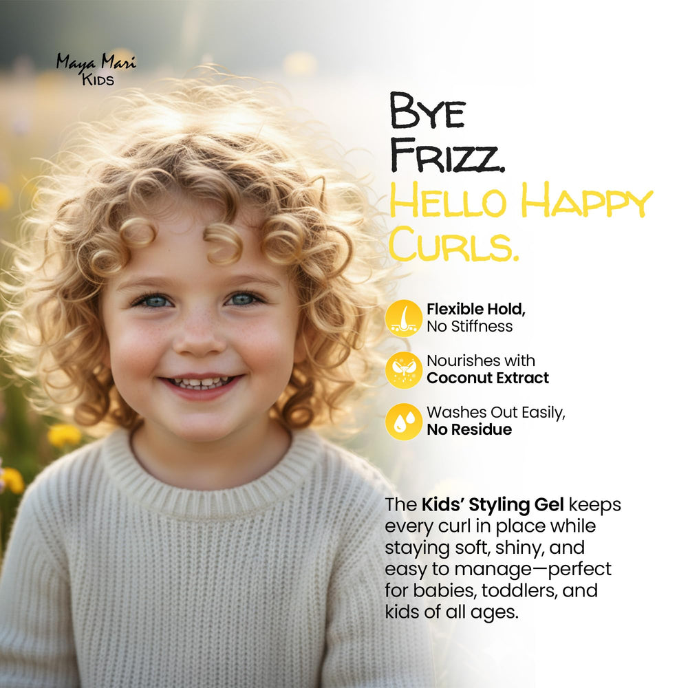 MAYA MARI Kids Hair Gel in use on a kid with defined curls.