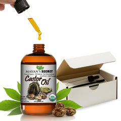 Mayan's Secret castor oil bottle in amber glass preserves freshness for long-lasting potency.