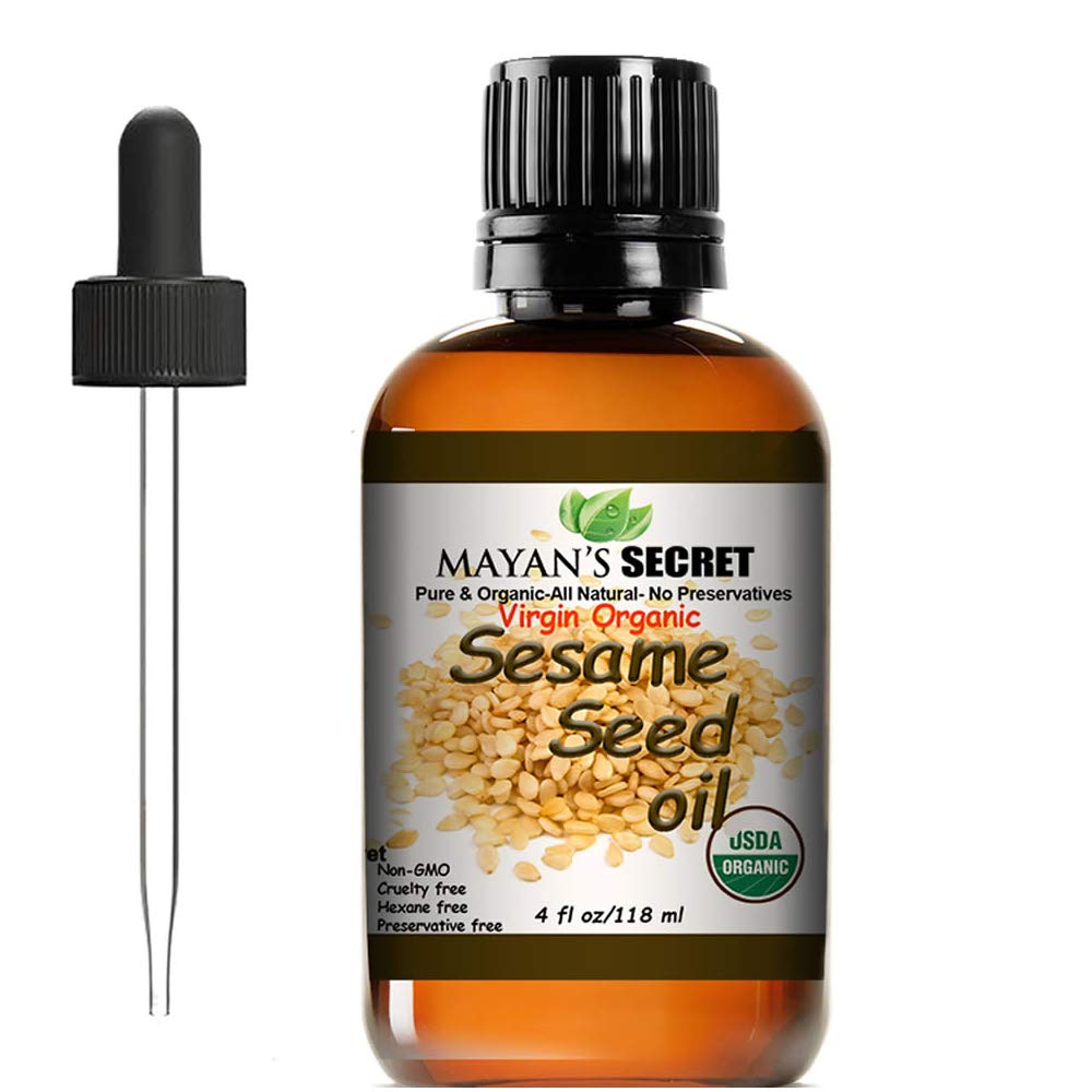 Mayan's Secret sesame oil in amber bottle with dropper preserves freshness and eases application.