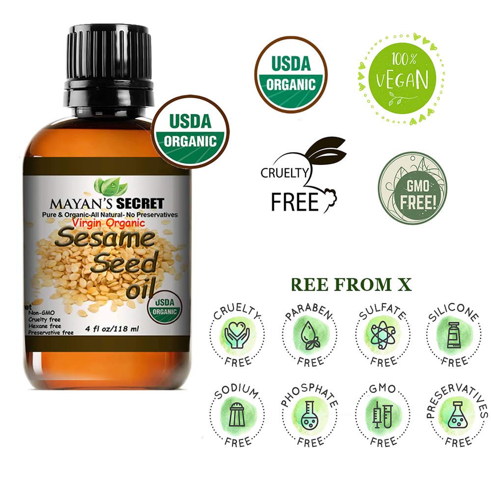 Mayan's Secret sesame oil nourishes hair and scalp, adding shine and softness.