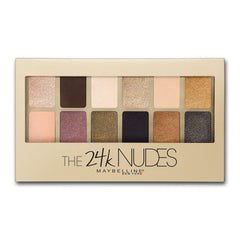 Maybelline 24K Nudes palette open with gold-toned shades for glamorous eye looks