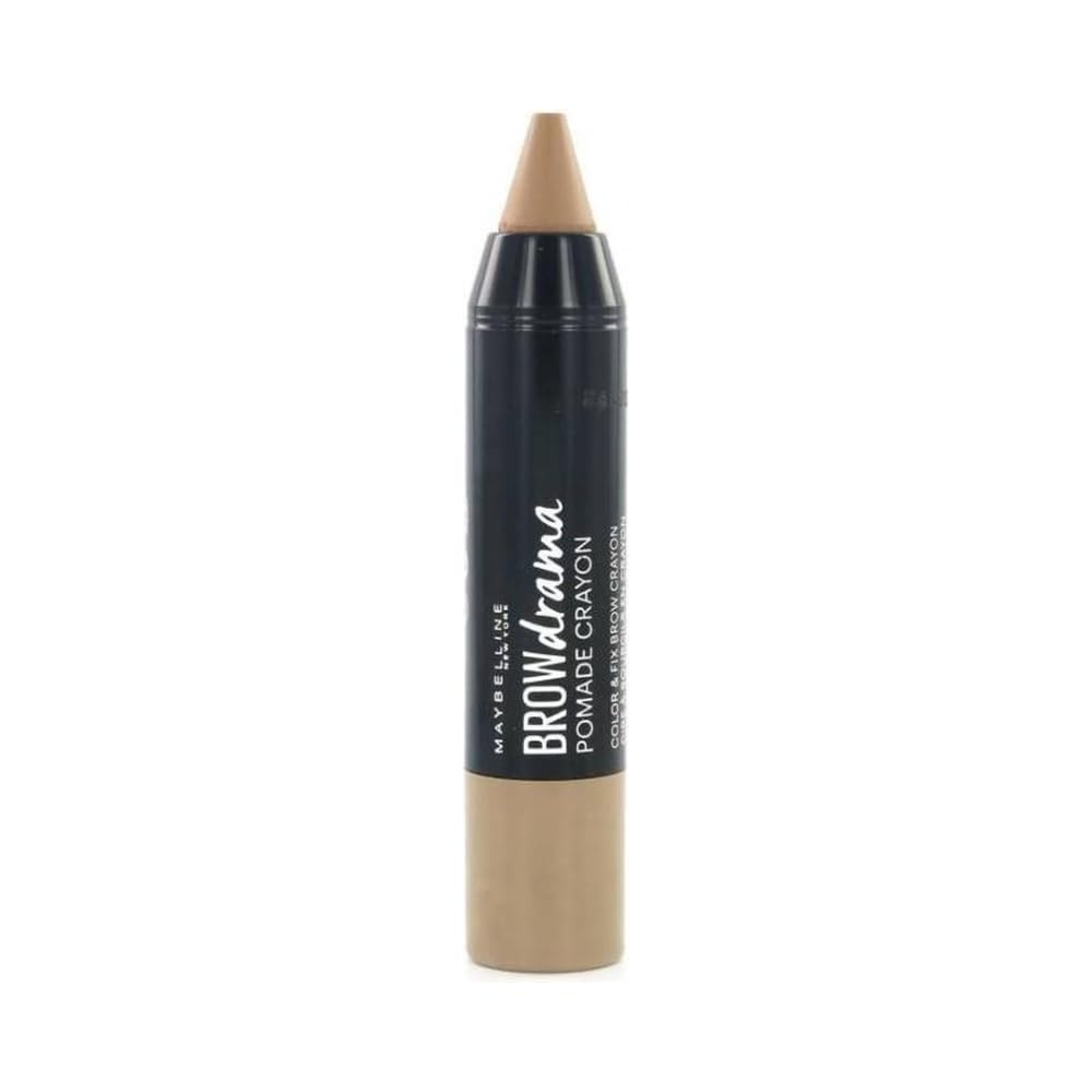 Maybelline Brow Drama Crayon Dark Blond close-up showing precise filling for defined brows.