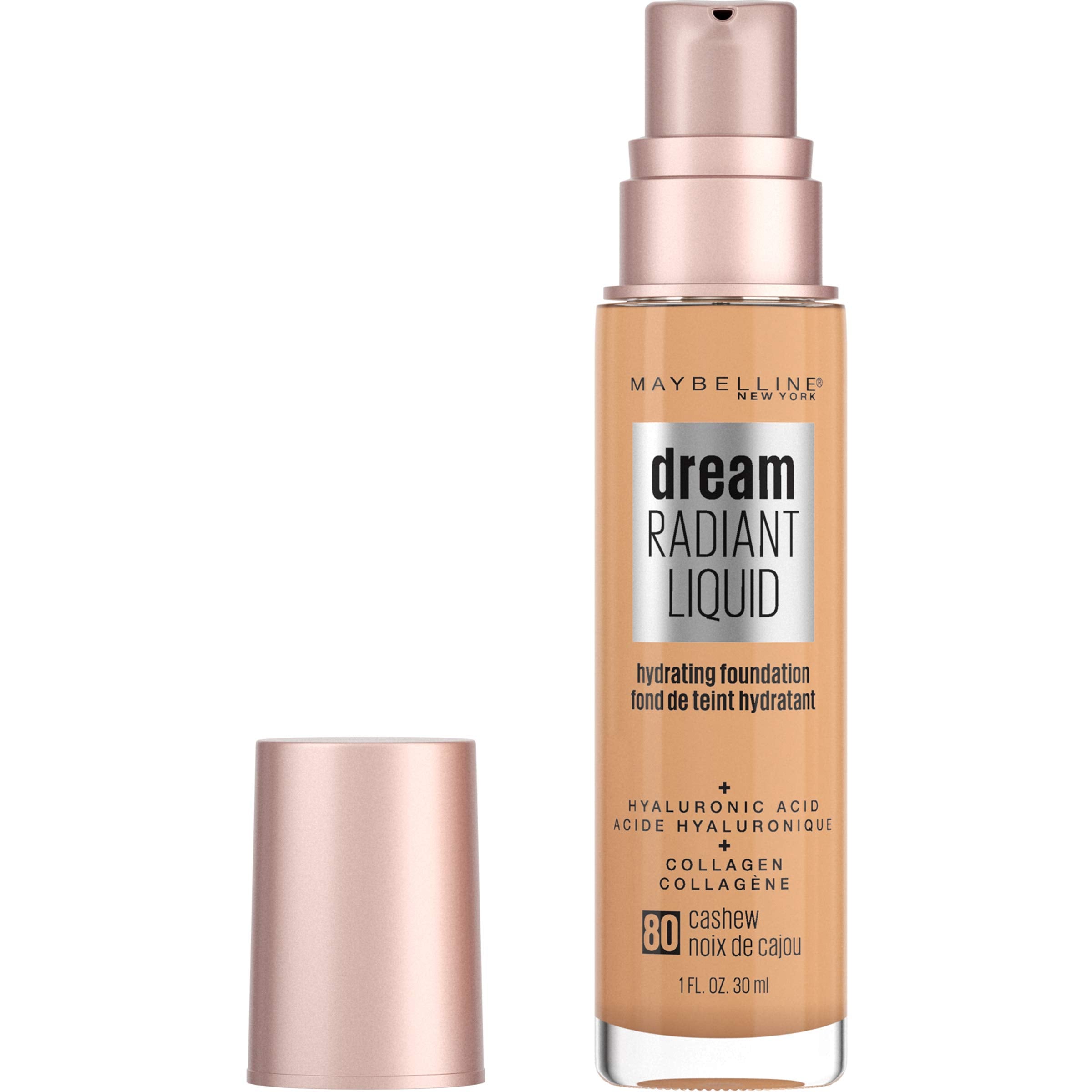 Maybelline Dream Radiant Foundation cashew bottle shows lightweight medium coverage for everyday wear.