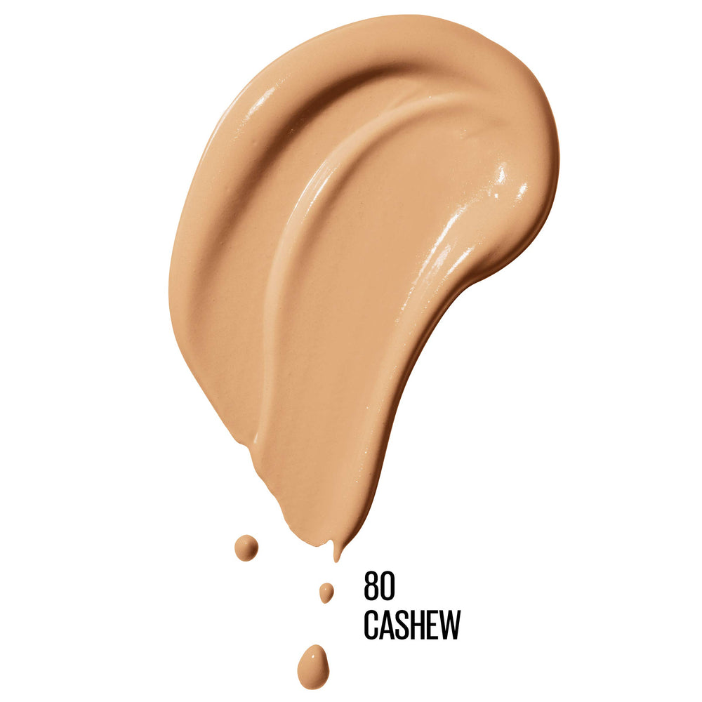 Maybelline Dream Radiant Foundation closeup texture highlights smooth, hydrating formula on skin.