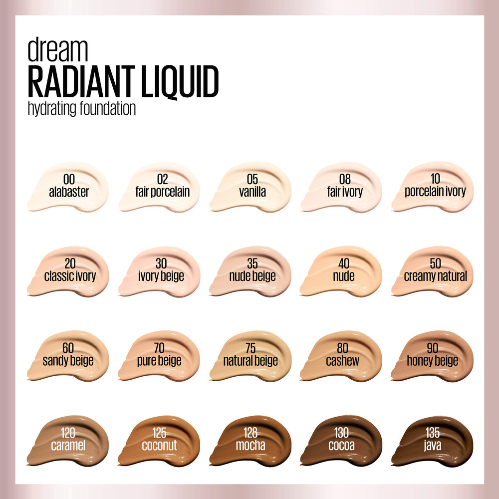 Maybelline Dream Radiant Foundation dermatologist-tested badge emphasizes skin safety.