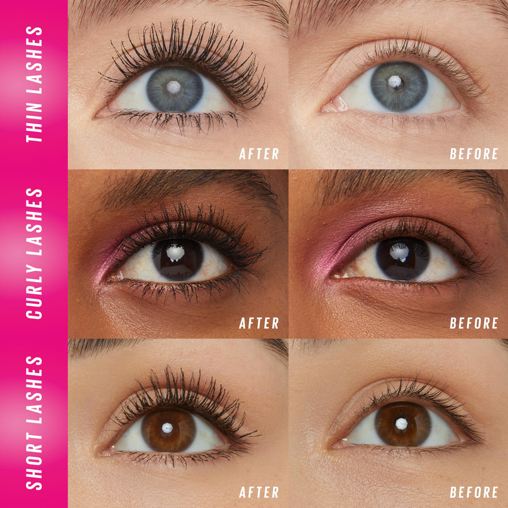 Maybelline Firework lashes application demonstrates 360° lash impact.