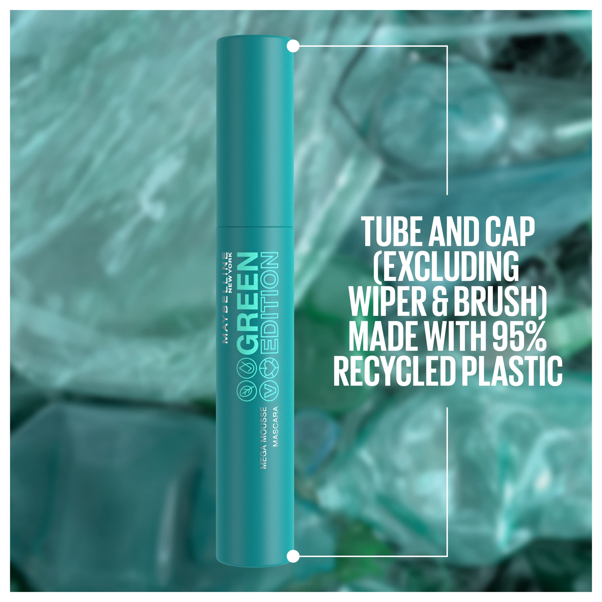 Maybelline Green Edition Mega Mousse Mascara on lashes for all-day wear with lightweight feel.