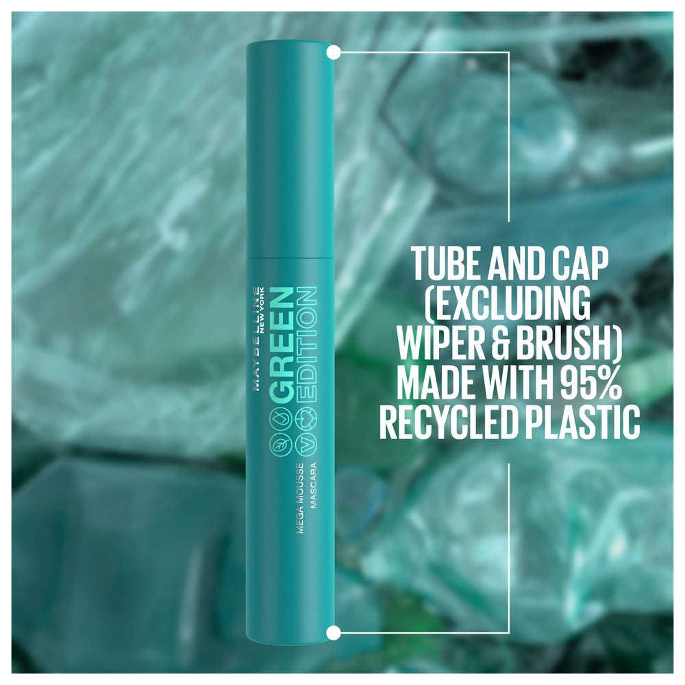 Maybelline Green Edition Mega Mousse Mascara on lashes for all-day wear with lightweight feel.