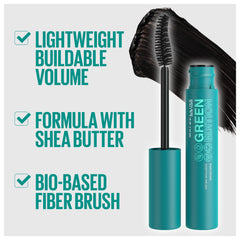 Packaging of Maybelline Green Edition Mega Mousse Mascara highlights vegan, natural-origin formula and recycled materials.