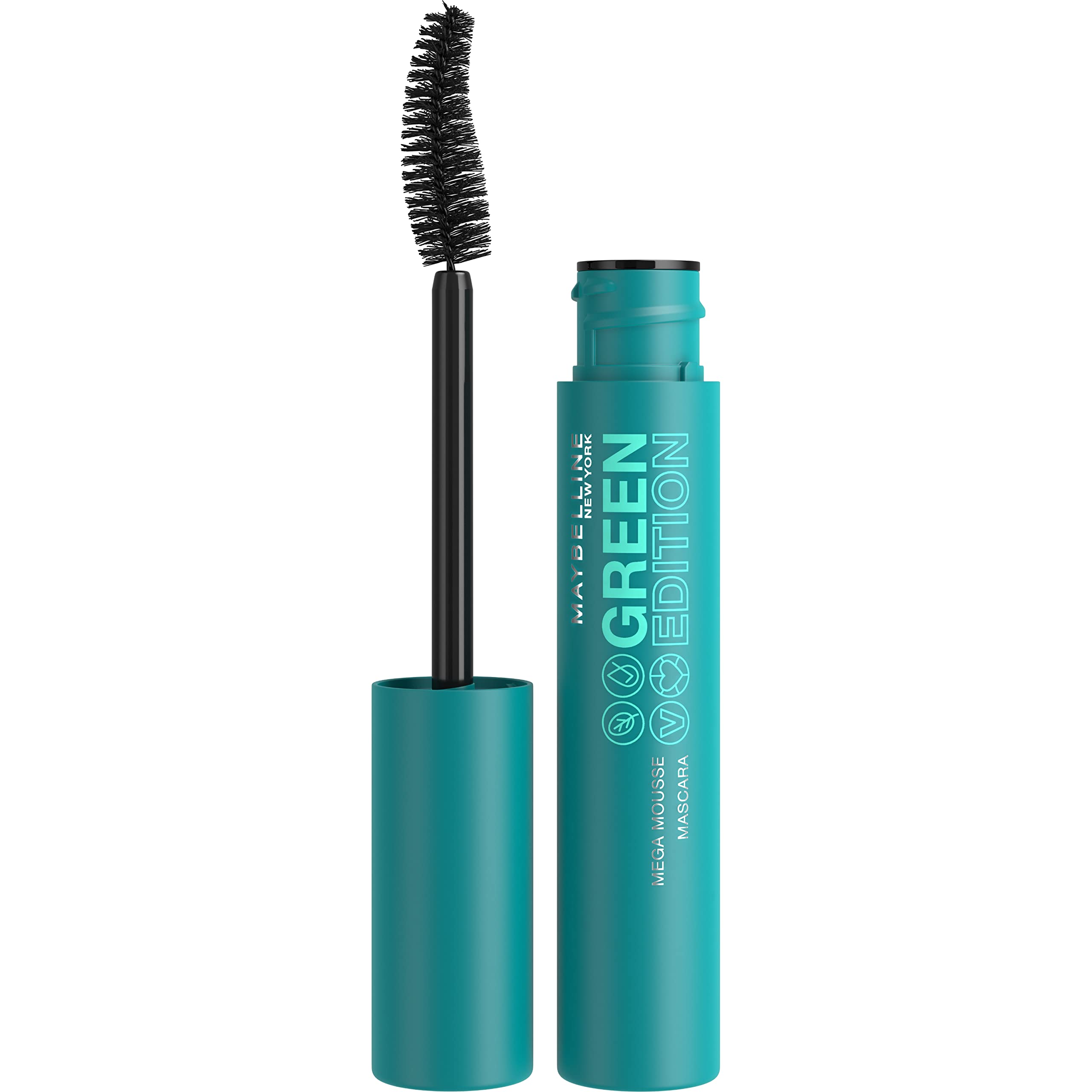 Maybelline Green Edition Mega Mousse Mascara wand close-up showing smooth, buildable volume.