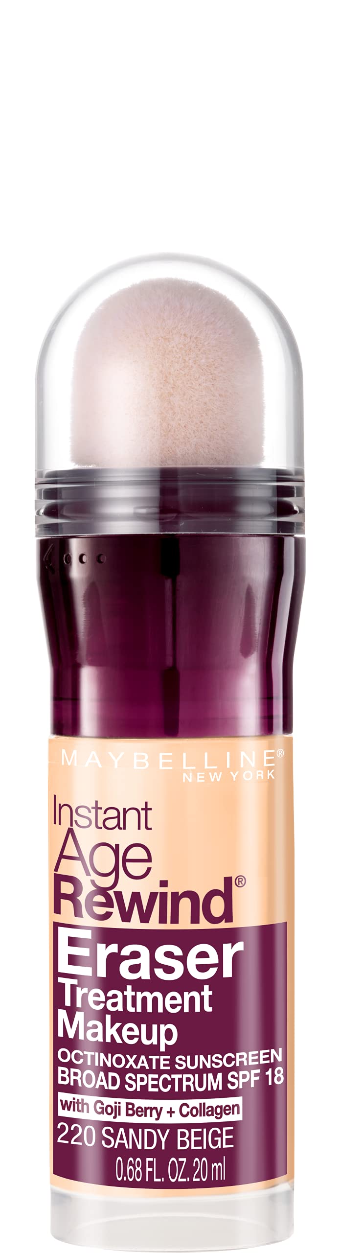 Maybelline Instant Age Rewind Eraser bottle shows SPF-infused foundation for daily versatility.