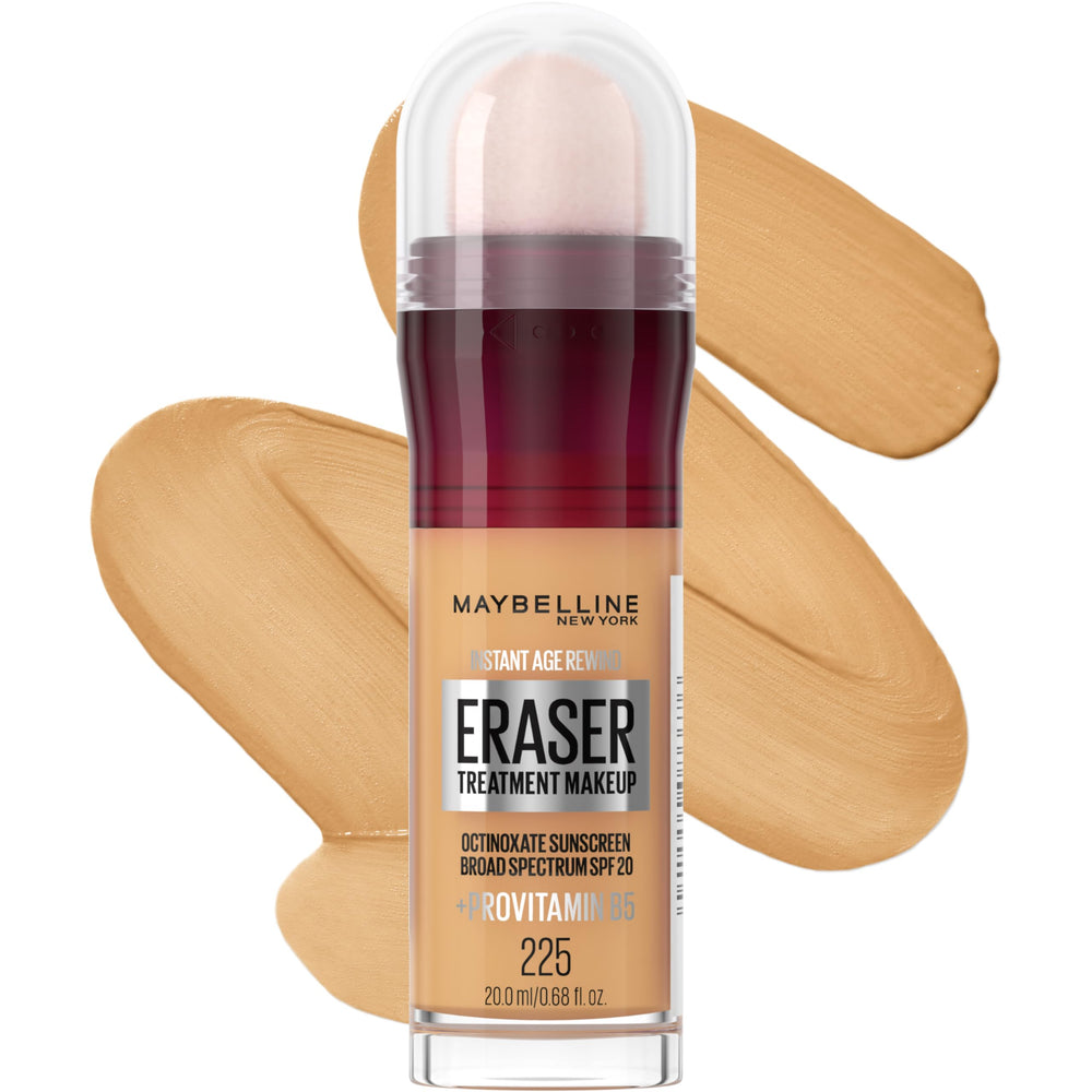 Maybelline Instant Age Rewind Eraser Foundation bottle with SPF 20 for even, hydrated skin.