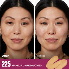 Maybelline sponge-tip applicator delivers buildable medium coverage without settling into lines.