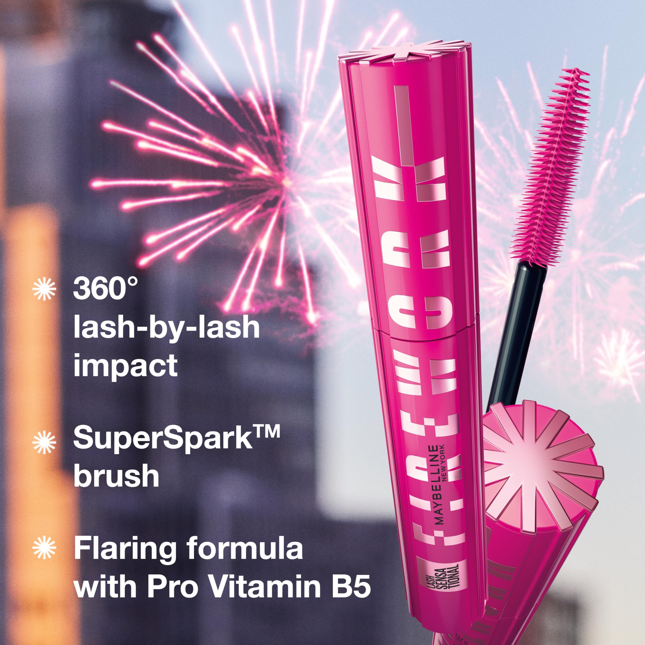 Maybelline Lash Sensational Firework bottle highlights conditioning formula for softer lashes.